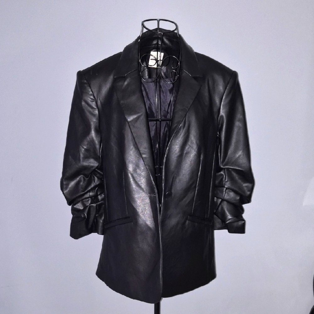 Cinq à Sept Black Leather Jacket With Ruched Sleeves